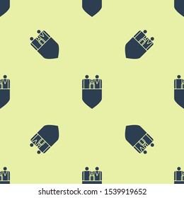 Blue Family insurance with shield icon isolated seamless pattern on yellow background. Security, safety, protection, protect concept.  Vector Illustration