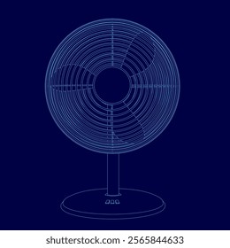 Blue fan with a base is displayed in a blue background. The fan is positioned in the center of the image, and its design is sleek and modern. The blue background adds a sense of calm