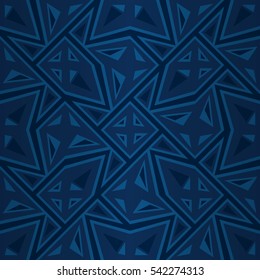 Blue fancy seamless pattern in kaleidoscopic style. Vivid, symmetrical design for web, game, packing-paper or other purpose. Complex tessellated repeatable backdrop.