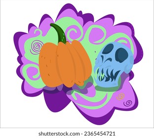 A blue fantasy scull and a halloween pumpkin on a creepy vintage background. This cartoon illustration can be used for Halloween concepts and as a print for invitations. Vector, isolated.