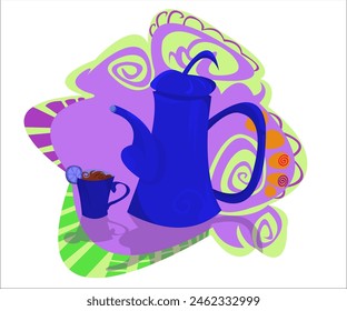 A blue fantasy teapot and a blue tea cup with hot aromatic tea; vintage exotic background. This cartoon illustration can be used for cafes, cafeterias, tea shops, coffee stores. Vector, isolated.