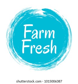 Blue farm fresh label vector, painted emblem isolated on white, round icon for natural products packaging, food pack. Fresh products from farm sign, tag circle stamp, logo shape label graphic design.