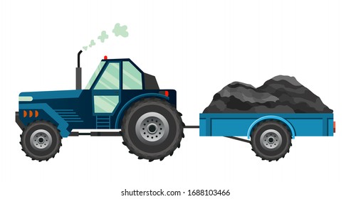 Blue farm tractor which carries a trailer. Heavy