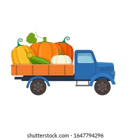 Blue Farm Truck With Big Pumpkins. Farm Harvest Festival. Vector Illustration On White Background