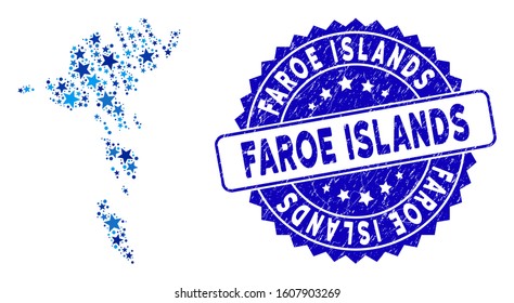 Blue Faroe Islands map mosaic of stars, and scratched round stamp seal. Abstract geographic scheme in blue color hues. Vector Faroe Islands map is shaped of blue stars.