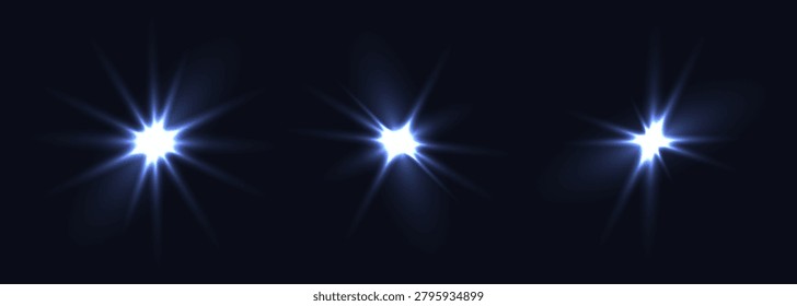 Blue fash light vector set on black background. Sparkle shining magic holiday starlight. Festive glow flashing lights collection. Vector illustration