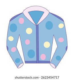 Blue fashion jacket with colorful dot patterns.