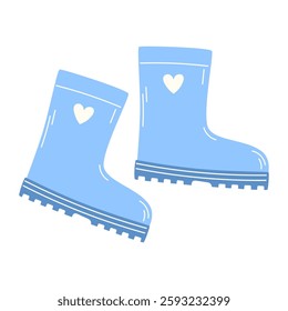 Blue Fashionable Rubber Boots with White Heart for Rainy Weather in Spring or Fall, Flat Style Isolated on White Background