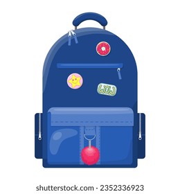 Blue fashionable school backpack with pocket, clasps and pin badges. Back to school and education concept. Knapsack for kids or teenagers. Urban rucksack isolated on white background