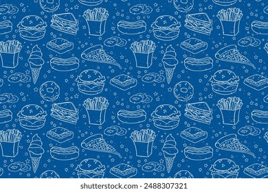 Blue fast food background. Vector black and white background with french fries, pizza, hot dogs, hamburgers, ice cream, donuts.