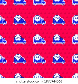 Blue Fast round the clock delivery by car icon isolated seamless pattern on red background.  Vector Illustration