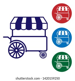 Blue Fast street food cart with awning icon isolated on white background. Urban kiosk. Set color icon in circle buttons. Vector Illustration