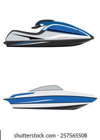 Blue Fast Water Scooter And Boat, Luxury Boat, Jet Ski, Water Sport, Water Transport