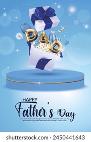 Blue Father's Day greeting card, open gift box with flying heart-shaped balloons, DAD letter balloons and ribbons