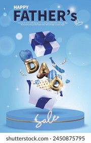 Blue Father's Day greeting card, open gift box with flying heart-shaped balloons, DAD letter balloons and ribbons