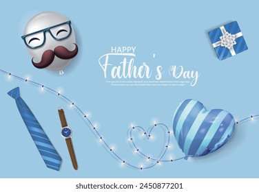 Tarjeta de felicitación azul del día del padre con globos y luces de cuerda, corbata, reloj, regalos