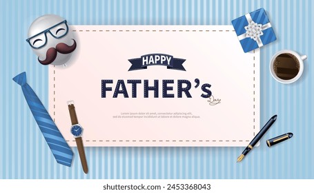 Tarjeta de felicitación azul del día del padre con globos y corbata, reloj, regalos