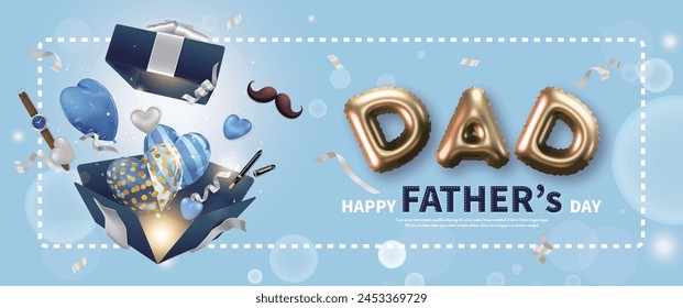 Blue Father's Day greeting card, open gift box with flying heart-shaped balloons, DAD letter balloons and ribbons