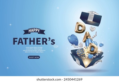 Blue Father's Day sales page, open gift box with flying heart balloons, DAD letter balloons and ribbons