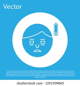 Blue Fatigue icon isolated on blue background. No energy. Stress symptom. Negative space. White circle button. Vector Illustration