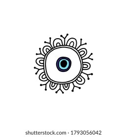 Blue Fatima eye drawing in circle with ornament doodle decorations - mystic symbol for evil protection in hand drawn cartoon style. Isolated vector illustration.