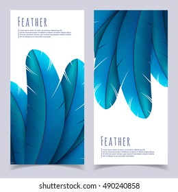 Blue feather banners set. Exotic bird feathers composition. Eps10 vector illustration.