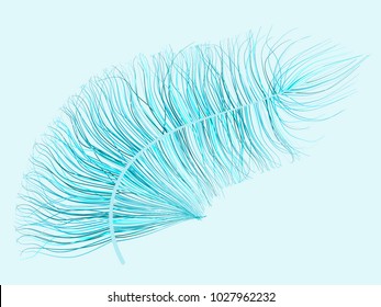 Blue Feather Floating. Beautiful Hand Drawn Fluff. Feathers Isolated for Wallpaper, Illustration, Carnival, Masquerade, Invitation, Textile. Decoration Element for Your Design.