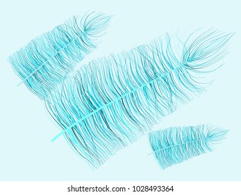 Blue Feather Floating. Beautiful Hand Drawn Fluff. Feathers Isolated for Wallpaper, Illustration, Carnival, Masquerade, Invitation, Textile. Decoration Element for Your Design.