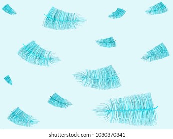 Blue Feather Floating. Beautiful Hand Drawn Fluff. Feathers Isolated for Wallpaper, Illustration, Carnival, Masquerade, Invitation, Textile. Decoration Element for Your Design.