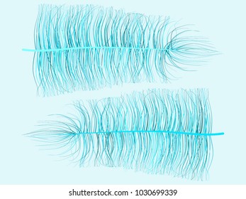 Blue Feather Floating. Beautiful Hand Drawn Fluff. Feathers Isolated for Wallpaper, Illustration, Carnival, Masquerade, Invitation, Textile. Decoration Element for Your Design.
