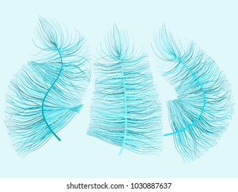 Blue Feather Floating. Beautiful Hand Drawn Fluff. Feathers Isolated for Wallpaper, Illustration, Carnival, Masquerade, Invitation, Textile. Decoration Element for Your Design.