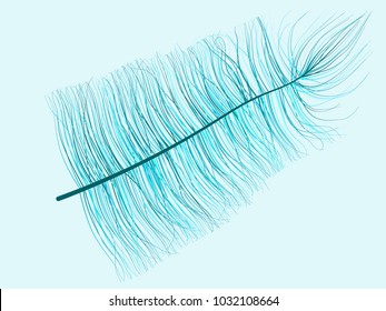 Blue Feather Floating. Beautiful Hand Drawn Fluff. Feathers Isolated for Wallpaper, Illustration, Carnival, Masquerade, Invitation, Textile. Decoration Element for Your Design.