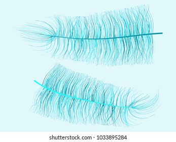 Blue Feather Floating. Beautiful Hand Drawn Fluff. Feathers Isolated for Wallpaper, Illustration, Carnival, Masquerade, Invitation, Textile. Decoration Element for Your Design.