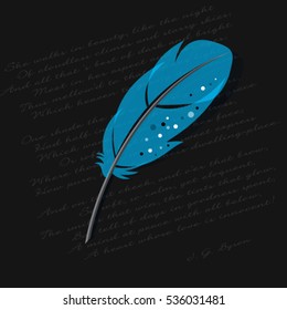   Blue feather illustration. Blue feather isolated on a dark background with poem.