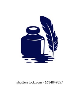 blue feather with ink. Logo. Isolated feather on white background