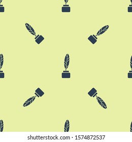 Blue Feather and inkwell icon isolated seamless pattern on yellow background.  Vector Illustration