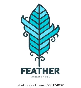 Blue feather logo template. Graphic bird feather logotype with the text below, flight, nature, environment, concept of growth and development. Vector illustration isolated on white background.