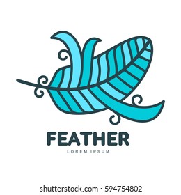 Blue feather logo template. Graphic bird feather logotype with the text below, flight, nature, environment, concept of growth and development. Vector illustration isolated on white background.