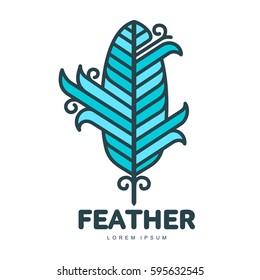 Blue feather logo template. Graphic bird feather logotype with the text below, flight, nature, environment, concept of growth and development. Vector illustration isolated on white background.