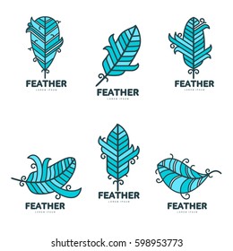 Blue feather logo template. Graphic bird feather logotype with the text below, flight, nature, environment, concept of growth and development. Vector illustration isolated on white background.