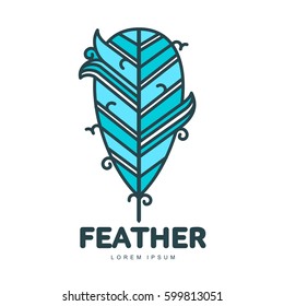 Blue feather logo template. Graphic bird feather logotype with the text below, flight, nature, environment, concept of growth and development. Vector illustration isolated on white background.