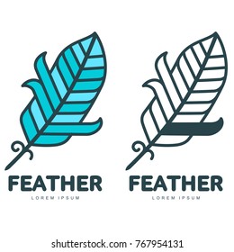 Blue feather logo template. Graphic bird feather logotype with the text below, flight, nature, environment, concept of growth and development. Vector illustration isolated on white background.