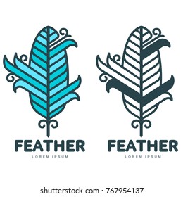 Blue feather logo template. Graphic bird feather logotype with the text below, flight, nature, environment, concept of growth and development. Vector illustration isolated on white background.