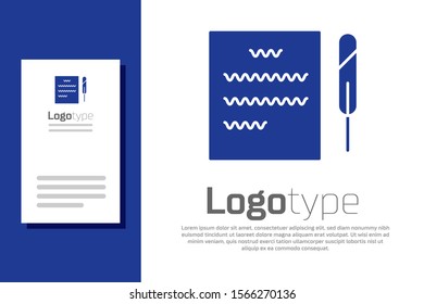 Blue Feather pen and paper scroll icon isolated on white background. Logo design template element. Vector Illustration
