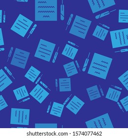 Blue Feather pen and paper scroll icon isolated seamless pattern on blue background.  Vector Illustration