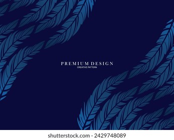 Blue feather premium background. Abstract dynamic composition. Modern vector feather illustration.