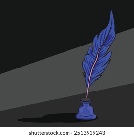 blue feather quill pen is dipping into a red inkwell on a dark background, perfect for concepts such as writing, history, or creativity