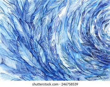 Blue feathers in a circle. Wind / frost / watercolor abstract background / vector illustration