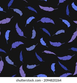 Blue feathers of different shades on a dark background, vector pattern, suitable for fabric, paper textiles, for children