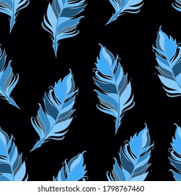 Blue feathers on black background. Seamless pattern. Vector illustration